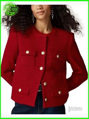 Cropped Tweed Blazer Jacket Collarless Button Down Business Casual Work